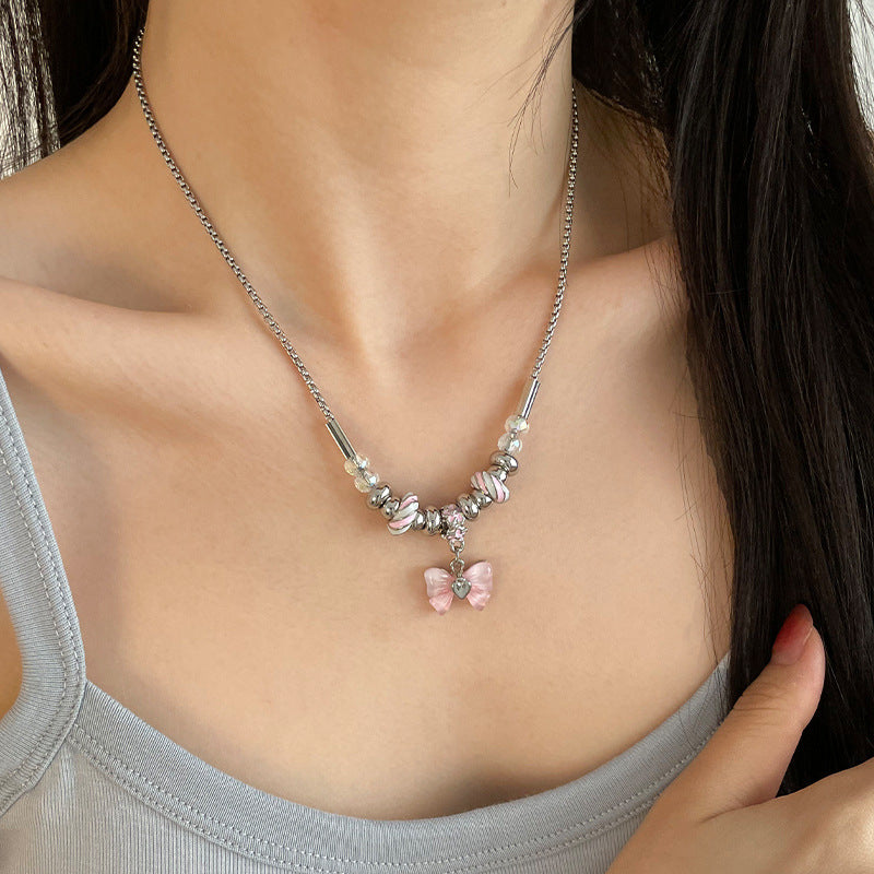 Pink Bow Beaded Thread Necklace For Women 2023 New Summer Sweet Cool Hot Girl Y2g Pendant Clavicle Chain