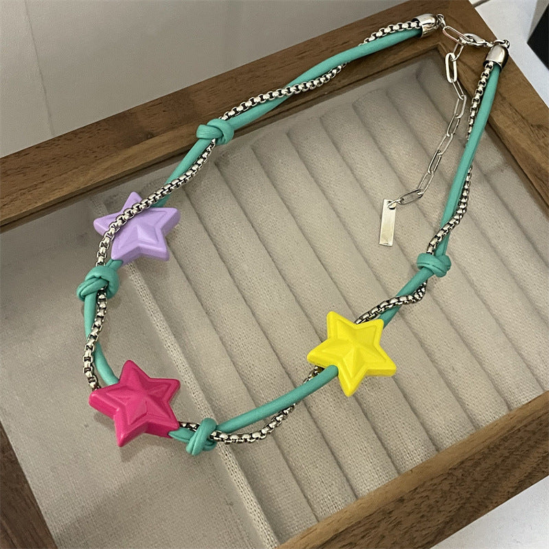 Candy Meteor ~ Colorful Beaded Xingx Necklace Female Design Sense Dopamine Girl Summer Sweet Cool Hot Girl Clavicle Chain