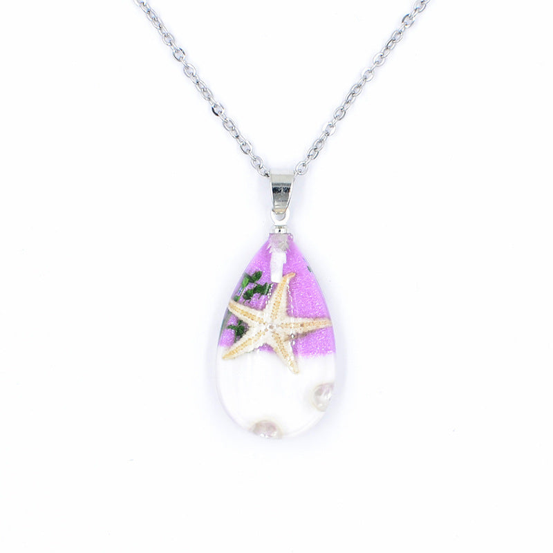 Creative Handmade Resin Starfish Shell Water Drop Stainless Steel Necklace Women's Jewelry Student Travel Necklace