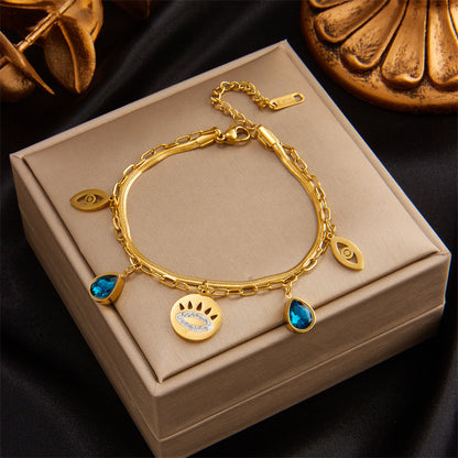 Europe And America Cross Border Fashion Simple Metal Titanium Steel Vintage Blue Diamond Water Drop Hollow Eyes Double Layer Chain Bracelet