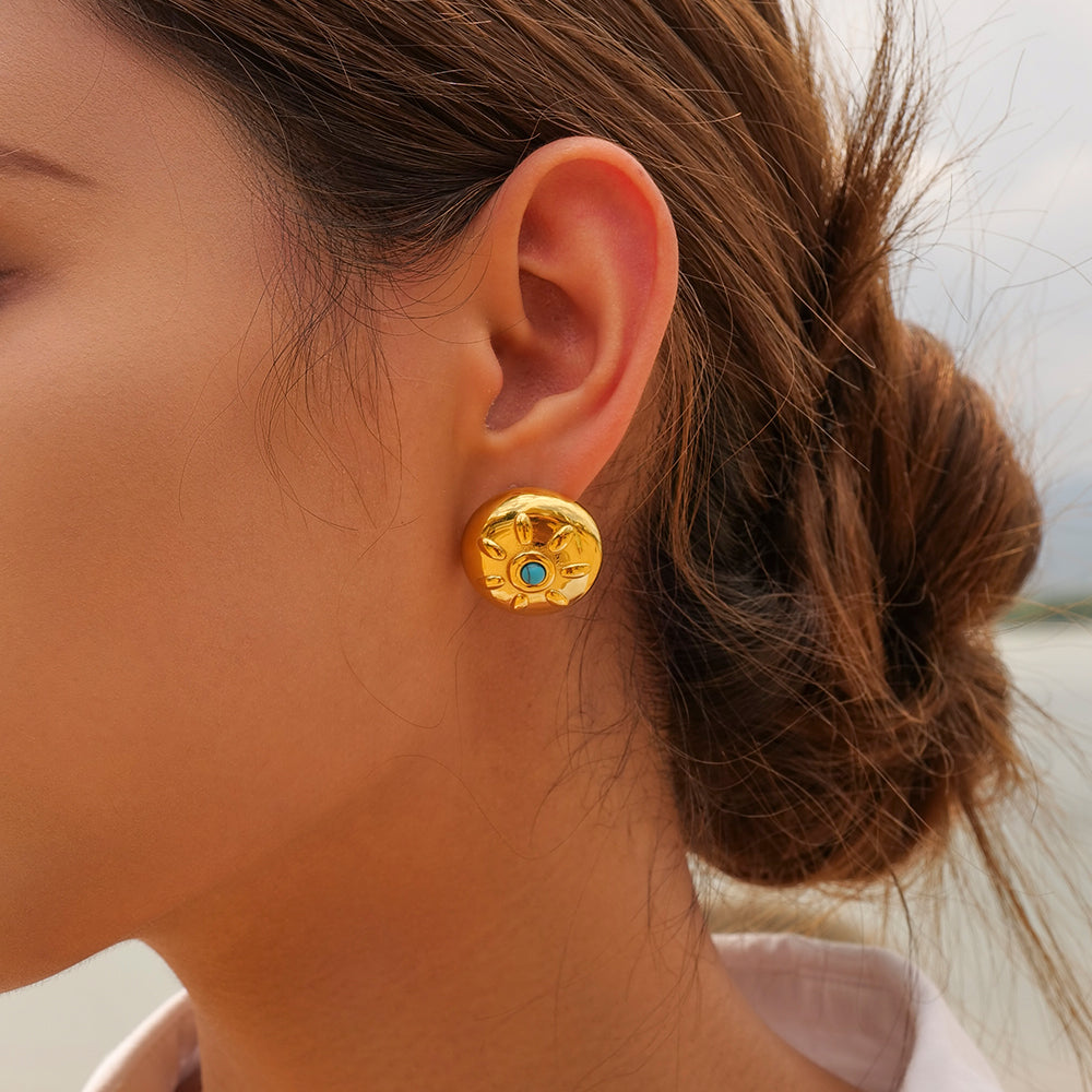 1 Pair Ig Style Simple Style Round Sun Plating Inlay Stainless Steel Natural Stone 18k Gold Plated Earrings
