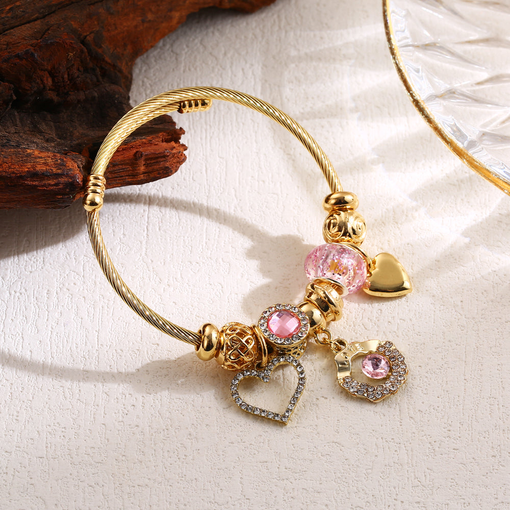 Elegant Cute Heart Shape Dragonfly Butterfly Stainless Steel Alloy Beaded Inlay Rhinestones Bangle