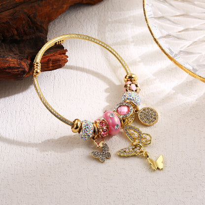 Elegant Cute Heart Shape Dragonfly Butterfly Stainless Steel Alloy Beaded Inlay Rhinestones Bangle