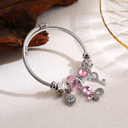 Elegant Cute Round Butterfly Key Stainless Steel Alloy Beaded Inlay Rhinestones Bangle