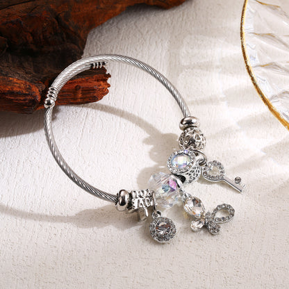 Elegant Cute Round Butterfly Key Stainless Steel Alloy Beaded Inlay Rhinestones Bangle