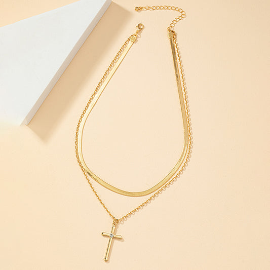 Retro Lady Streetwear Cross 14k Gold Plated Artificial Rhinestones Alloy Wholesale Double Layer Necklaces