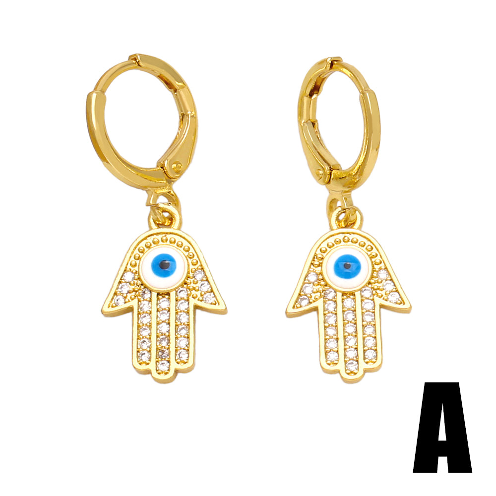 1 Pair Original Design Fashion Devil's Eye Hand Of Fatima Enamel Inlay Copper Zircon 18k Gold Plated Drop Earrings