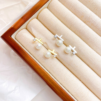 1 Pair Casual Simple Style Geometric Plating Inlay Stainless Steel Pearl Zircon White Gold Plated Gold Plated Ear Studs