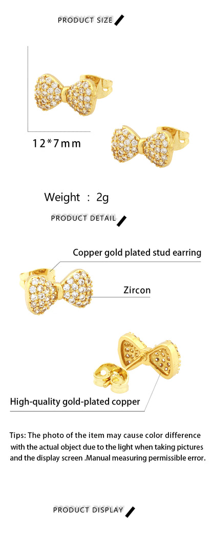 1 Pair Simple Style Heart Shape Butterfly Bow Knot Plating Inlay Copper Zircon 18k Gold Plated Ear Studs