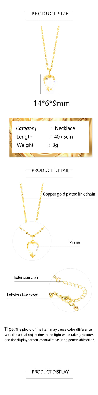 Elegant Sweet Heart Shape Copper Plating Inlay Zircon 18k Gold Plated Pendant Necklace