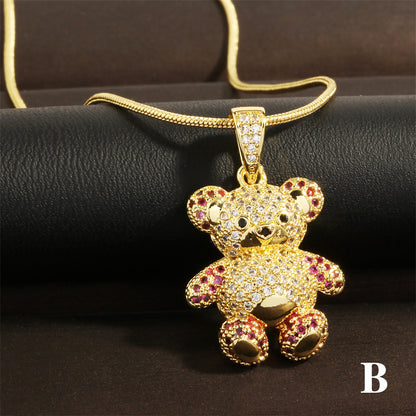 Vintage Style Bear Copper Plating Inlay Zircon 18k Gold Plated Pendant Necklace