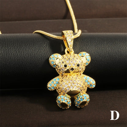 Vintage Style Bear Copper Plating Inlay Zircon 18k Gold Plated Pendant Necklace