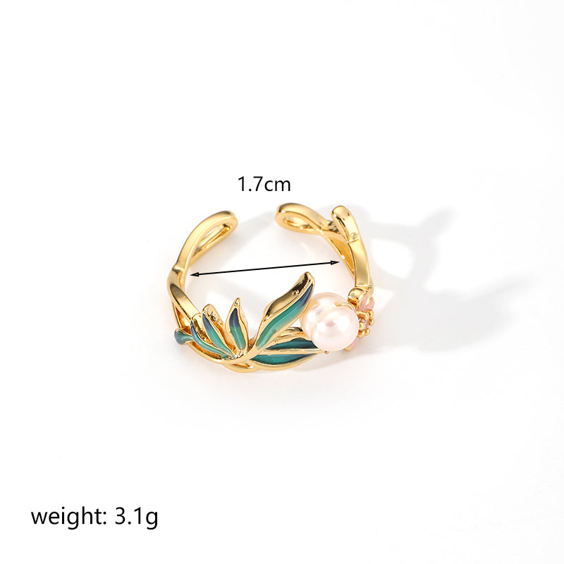 Retro Flower Butterfly Copper Plating Inlay Freshwater Pearl 18k Gold Plated Open Rings