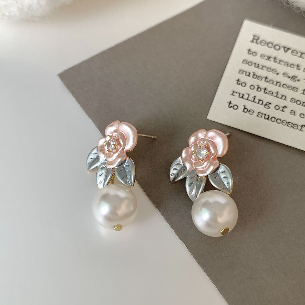 1 Pair Sweet Flower Enamel Plating Inlay Imitation Pearl Copper Zircon 14k Gold Plated Drop Earrings