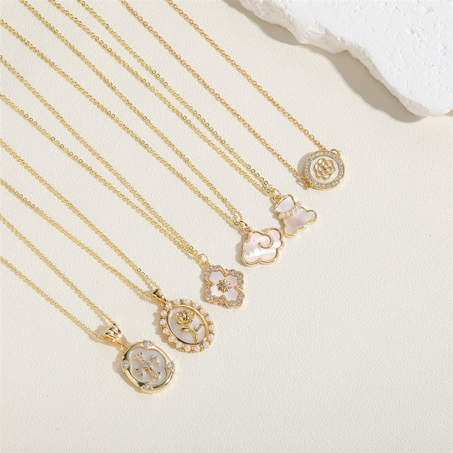 Sweet Commute Clouds Bear Rose Copper Plating Inlay Pearl Shell Zircon 14k Gold Plated Pendant Necklace