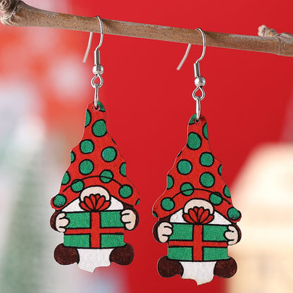 1 Pair Vintage Christmas Cute Dwarf Pendant Earrings Women's Wooden Double-sided Christmas Earrings