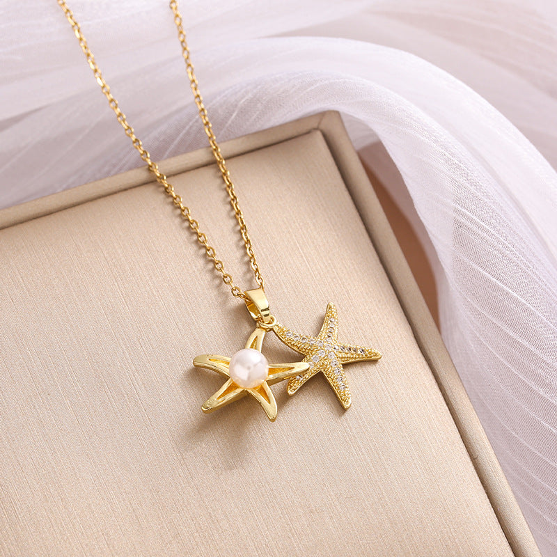 Vintage Style Simple Style Star Solid Color Stainless Steel Plating Inlay Zircon Pendant Necklace