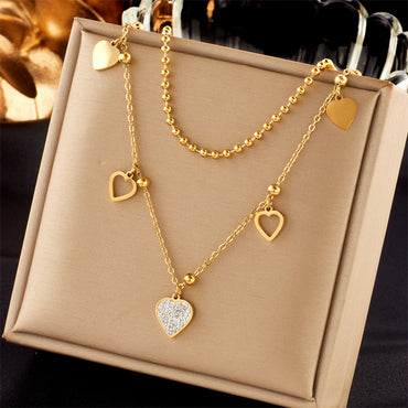 Elegant Lady Heart Shape Titanium Steel Plating Inlay Zircon Layered Necklaces