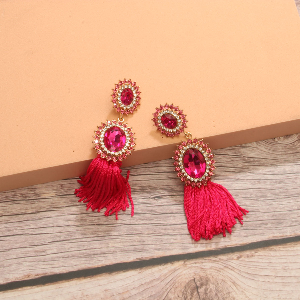 1 Pair Elegant Luxurious Simple Style Round Tassel Inlay Alloy Rhinestones Drop Earrings