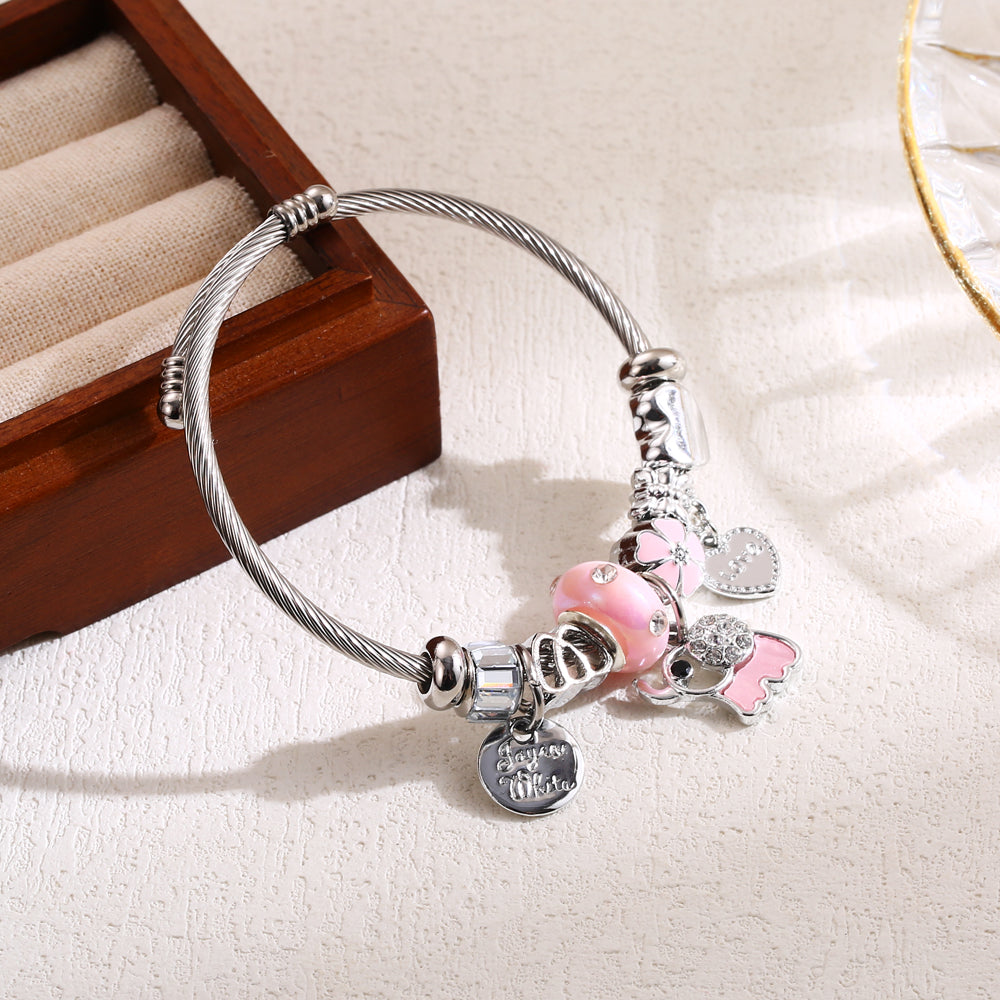 Elegant Cute Heart Shape Butterfly Elephant Stainless Steel Alloy Beaded Inlay Artificial Pearls Rhinestones Bangle