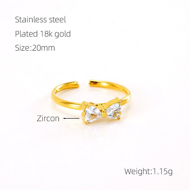 Retro Sweet Bow Knot Stainless Steel Plating Inlay Zircon 18k Gold Plated Open Rings