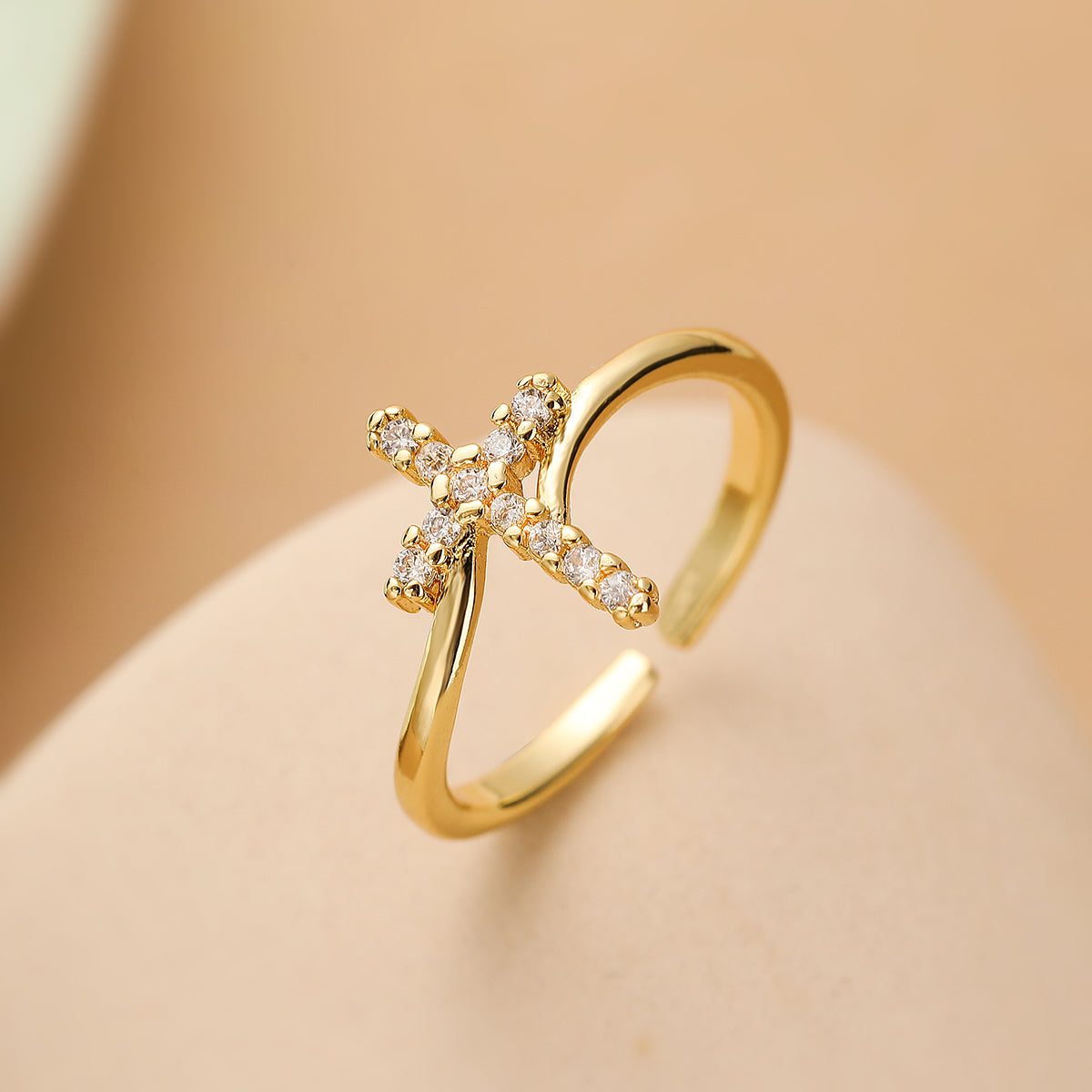 Simple Style Commute Cross Copper 18k Gold Plated Zircon Open Rings In Bulk