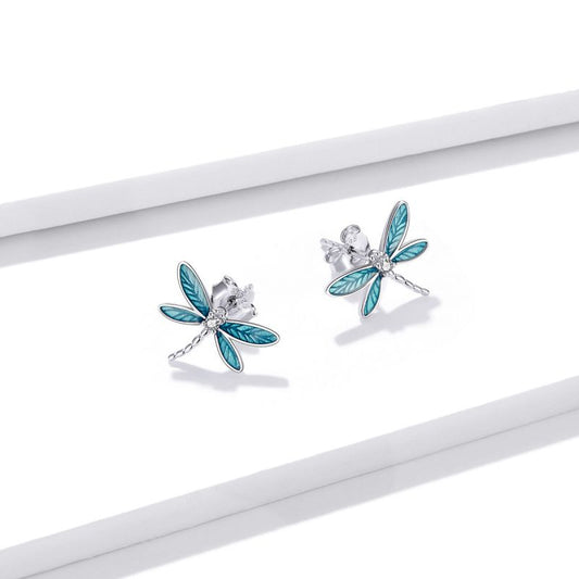 1 Pair Vacation Dragonfly Inlay Sterling Silver Zircon Ear Studs