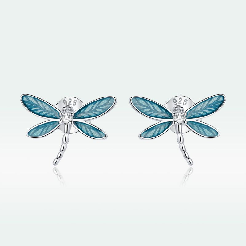 1 Pair Vacation Dragonfly Inlay Sterling Silver Zircon Ear Studs