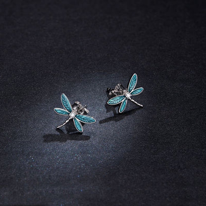 1 Pair Vacation Dragonfly Inlay Sterling Silver Zircon Ear Studs