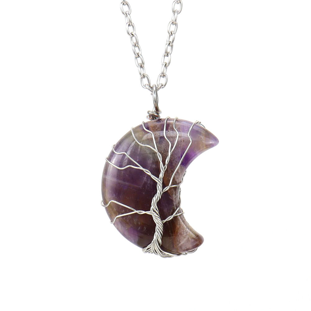 Natural Stone Amethyst Moon Tree Of Life Pendant Necklace Winding Handmade Pachira Macrocarpa Crystal Necklace N571