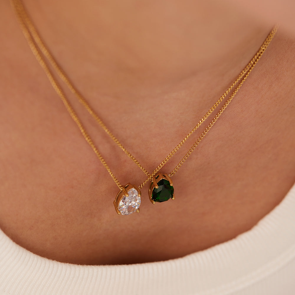 1 Pcs Stainless Steel 18k Gold Plating Water Drop Shape White Emerald Zircon Pendant Necklace