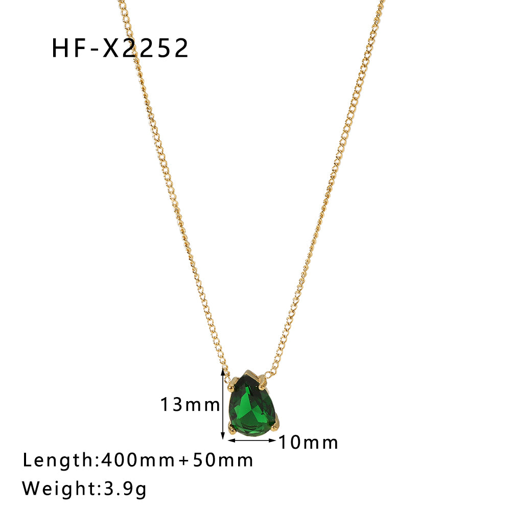 1 Pcs Stainless Steel 18k Gold Plating Water Drop Shape White Emerald Zircon Pendant Necklace