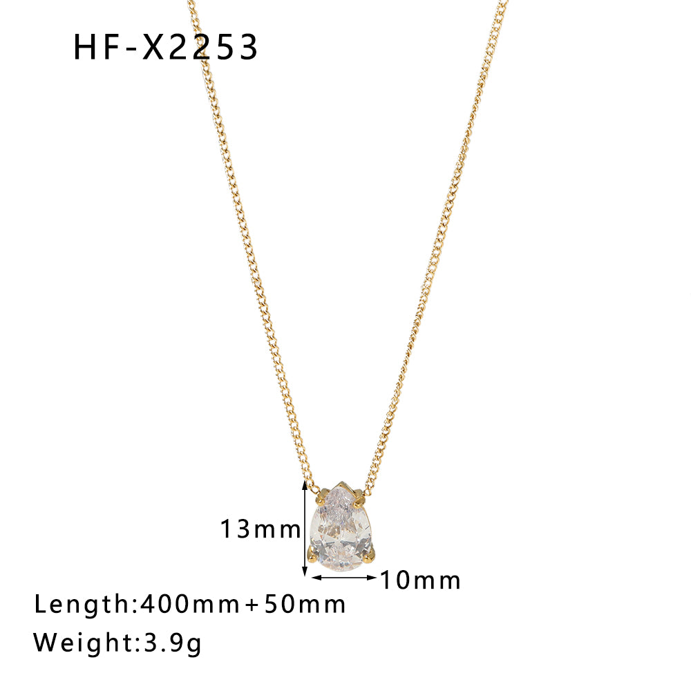 1 Pcs Stainless Steel 18k Gold Plating Water Drop Shape White Emerald Zircon Pendant Necklace