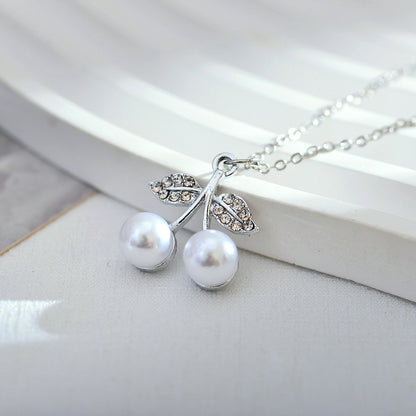 Korean Style Diamond-embedded Sweet Creative Double Shell Pearls Cherry Leaf Pendant Women's Fashion Personalized Pendant Eardrop Frame Finished Product Wholesale