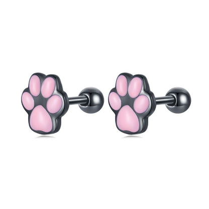 1 Pair Cartoon Style Cute Paw Print Sterling Silver Ear Studs