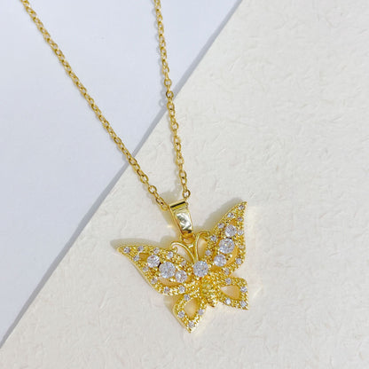 Ig Style Casual Butterfly Titanium Steel Copper Plating Inlay Zircon Pendant Necklace