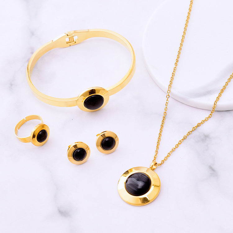 Stainless Steel 18K Gold Plated Elegant Glam Round Inlay Natural Stone Jewelry Set
