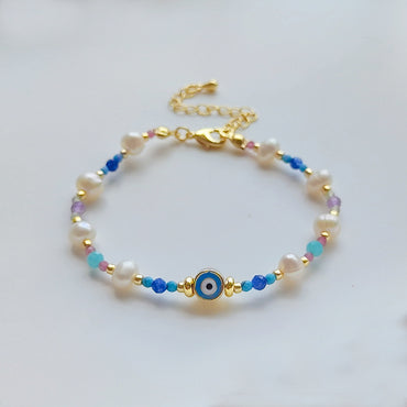 Ig Style Devil's Eye Turquoise Freshwater Pearl Seed Bead Beaded Knitting Plating 18k Gold Plated Women's Bracelets