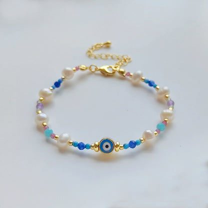 Ig Style Devil's Eye Turquoise Freshwater Pearl Seed Bead Beaded Knitting Plating 18k Gold Plated Women's Bracelets