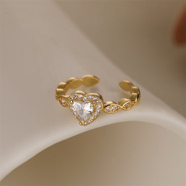 Luxurious Heart Shape Copper Plating Inlay Zircon Gold Plated Open Rings