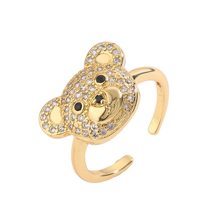 Luxurious Animal Bear Copper Plating Inlay Zircon Gold Plated Open Rings