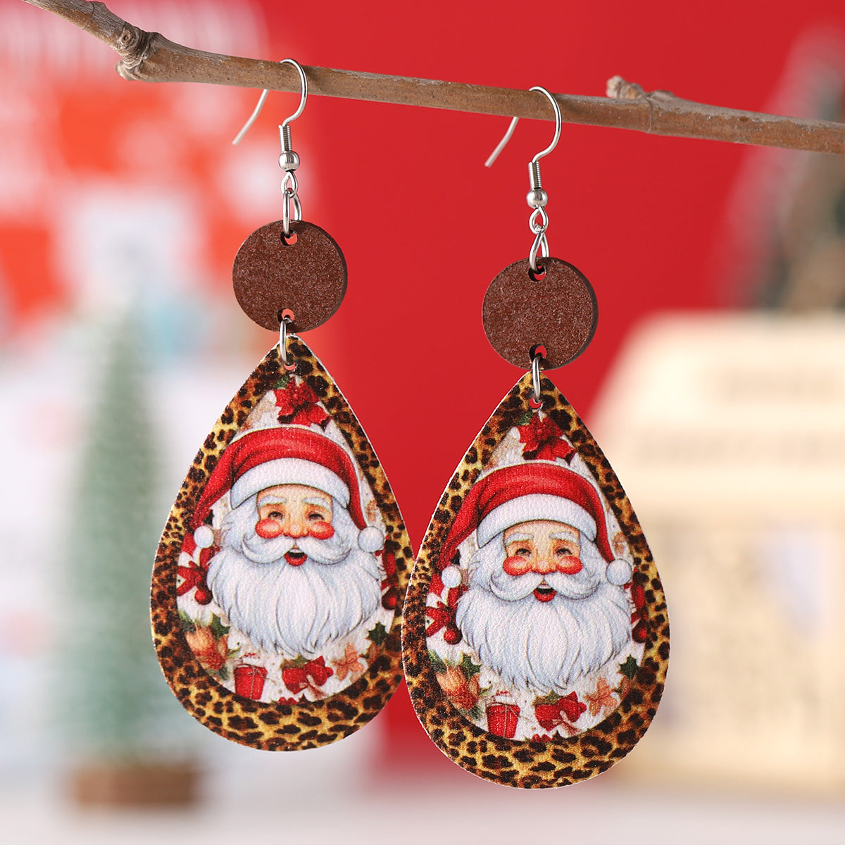 Wholesale Jewelry Cute Santa Claus Water Droplets Pu Leather Printing Drop Earrings