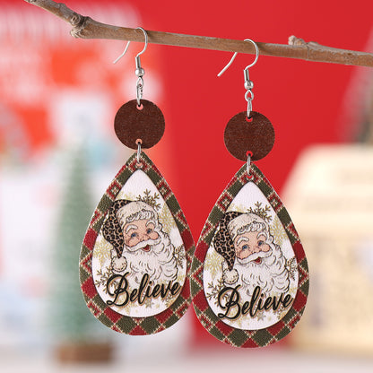 Wholesale Jewelry Cute Santa Claus Water Droplets Pu Leather Printing Drop Earrings