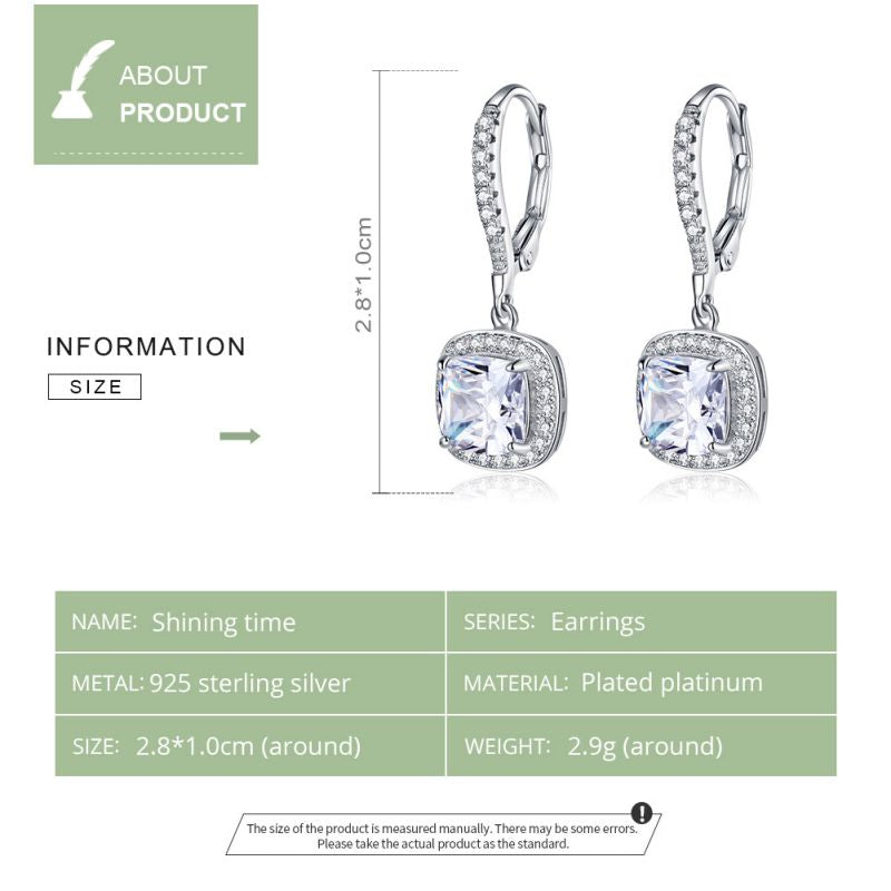 1 Pair Simple Style Square Inlay Sterling Silver Zircon Drop Earrings