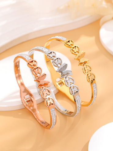 Simple Style Butterfly Titanium Steel Plating Inlay Rhinestones 18k Gold Plated Bangle