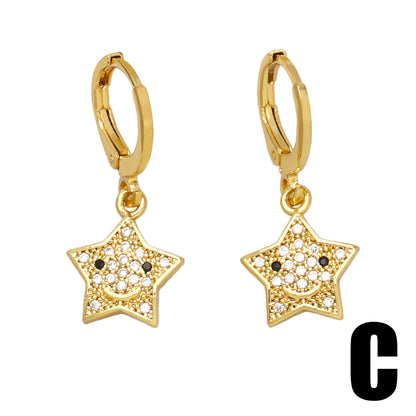 1 Pair Ig Style Sweet Pentagram Heart Shape Smiley Face Plating Inlay Copper Zircon 18k Gold Plated Drop Earrings