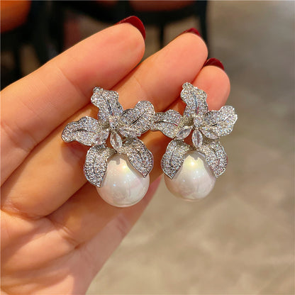 1 Pair Elegant Lady Flower Plating Inlay Imitation Pearl Copper Zircon Earrings