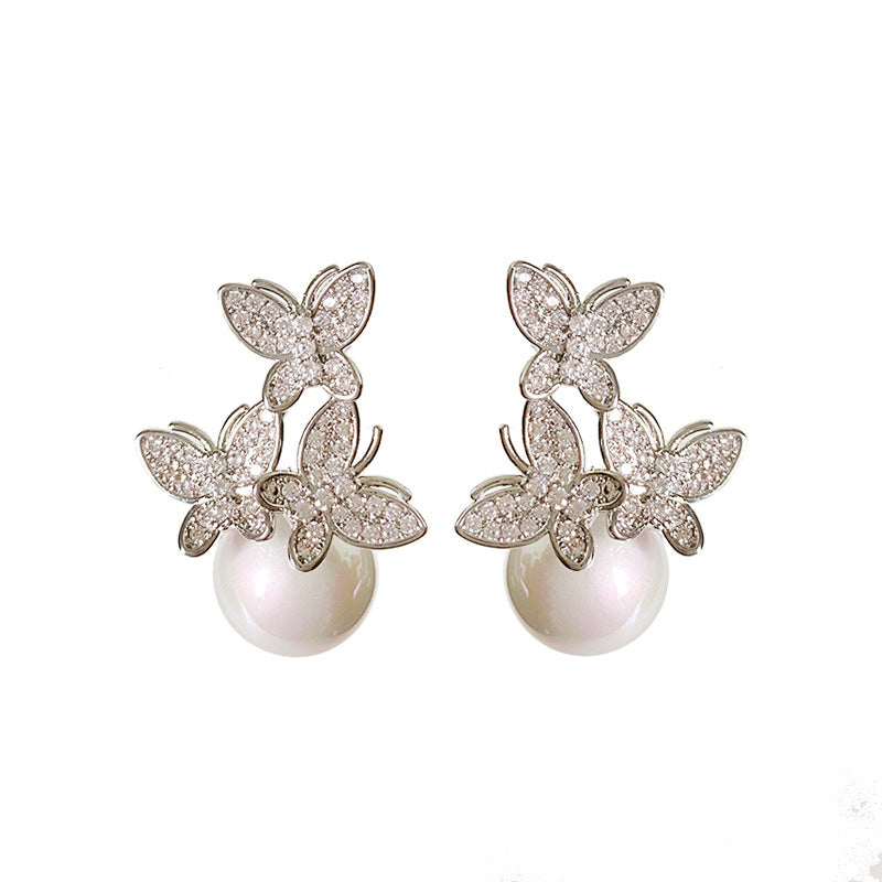 1 Pair Cute Butterfly Inlay Imitation Pearl Copper Zircon Ear Studs