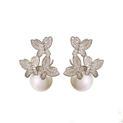 1 Pair Cute Butterfly Inlay Imitation Pearl Copper Zircon Ear Studs