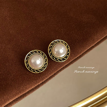 1 Pair Elegant Vintage Style Geometric Enamel Stoving Varnish Plating Metal Artificial Gemstones Artificial Pearls Earrings